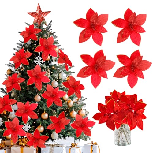 BAOTUJIA 11.81 inch Big Christmas Poinsettias Flowers Decoration Artificial Flowers for Christmas Tree Ornaments, Suitable for Home Xmas Decorations Items Wreath Making Red - Image 1