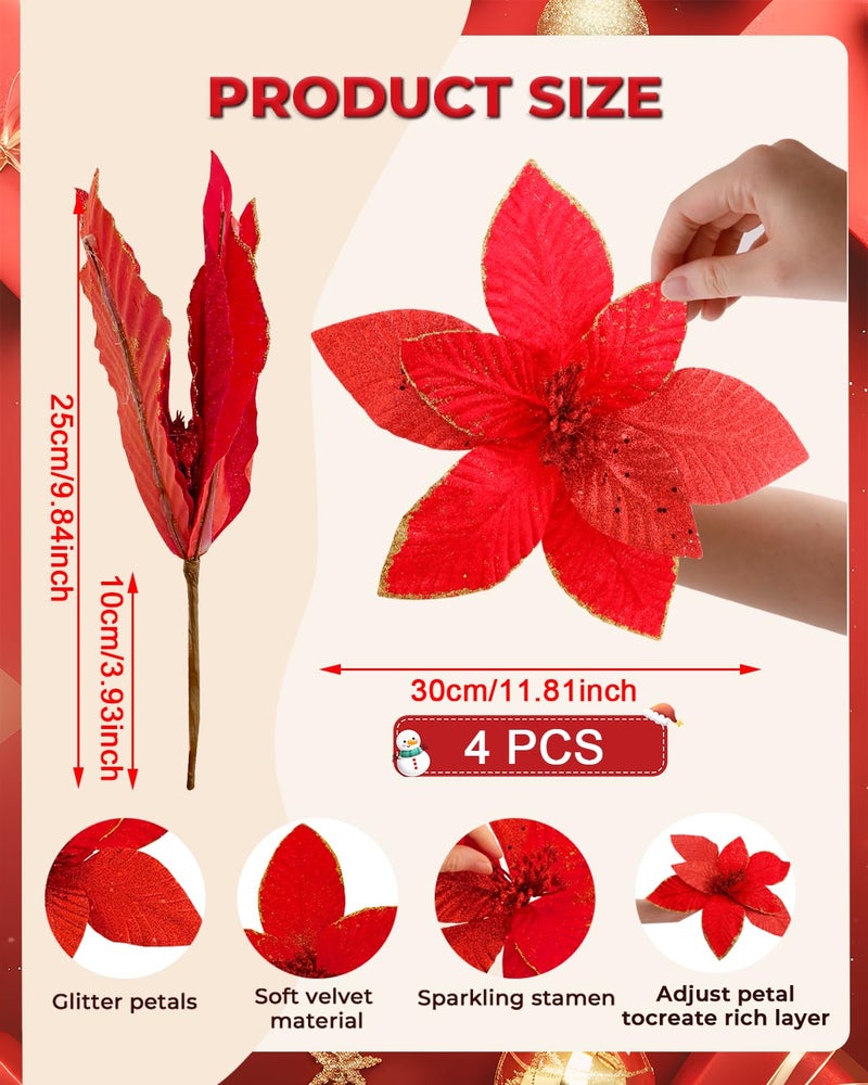 BAOTUJIA 11.81 inch Big Christmas Poinsettias Flowers Decoration Artificial Flowers for Christmas Tree Ornaments, Suitable for Home Xmas Decorations Items Wreath Making Red - Image 2