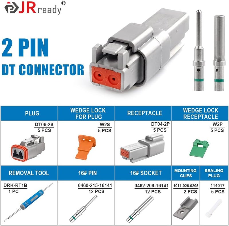 JRready Deutsch Connector 2 Pin Connector Kits with Size 16 Solid Contacts(14-20AWG), ST6328-2 DT Series Waterproof Connector 2 Pin 5 Sets and Deutsch Pin Removal Tool DRK-RT1B with Mounting Clips - Image 2