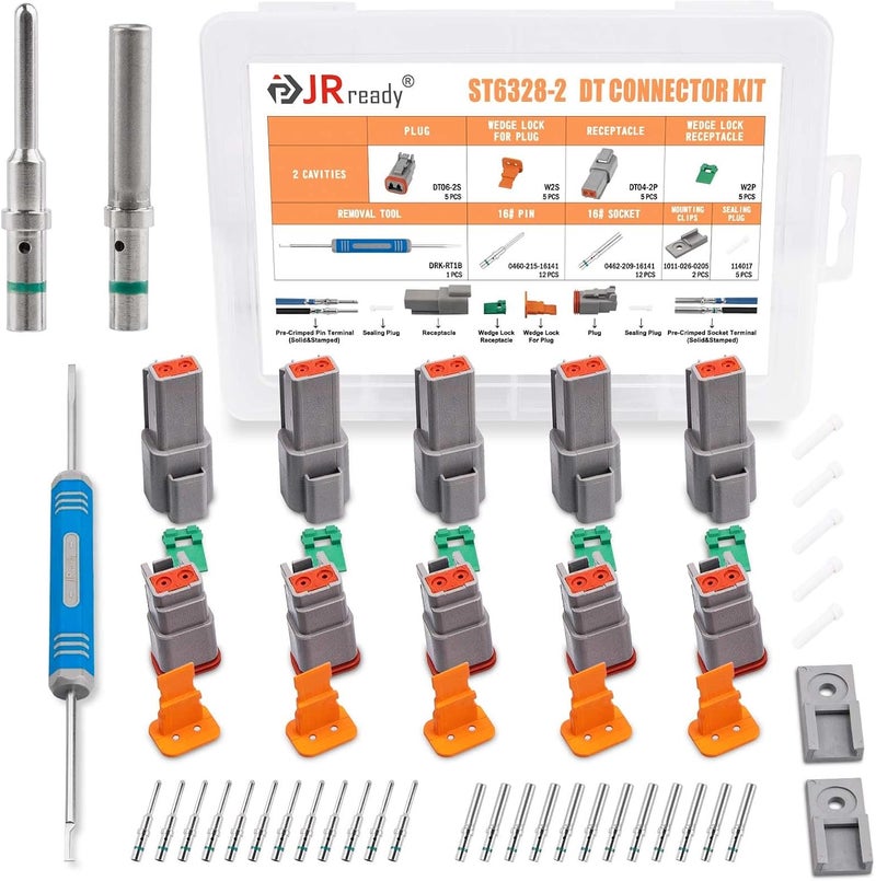 JRready Deutsch Connector 2 Pin Connector Kits with Size 16 Solid Contacts(14-20AWG), ST6328-2 DT Series Waterproof Connector 2 Pin 5 Sets and Deutsch Pin Removal Tool DRK-RT1B with Mounting Clips - Image 1