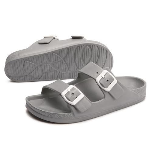 FUNKYMONKEY Women's Comfort Slides Double Buckle Adjustable EVA Flat Sandals (7 M US/Women, Grey) - Image 5