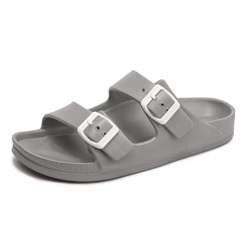 FUNKYMONKEY Women's Comfort Slides Double Buckle Adjustable EVA Flat Sandals (7 M US/Women, Grey) - Image 1