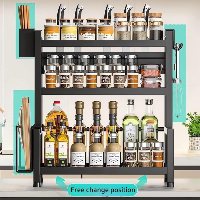 Fohome Spice Rack Organizer for Countertop, 3-Tier Standing Kitchen Spice Organrizer, Seasoning Rack with Hooks & Cutlery Storage, Multiple Uses Kitchen Countertop Organizer for Storage Spice, Cutter - Image 4
