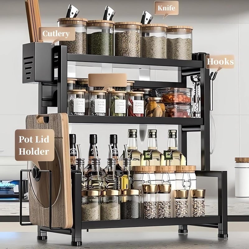 Fohome Spice Rack Organizer for Countertop, 3-Tier Standing Kitchen Spice Organrizer, Seasoning Rack with Hooks & Cutlery Storage, Multiple Uses Kitchen Countertop Organizer for Storage Spice, Cutter - Image 2