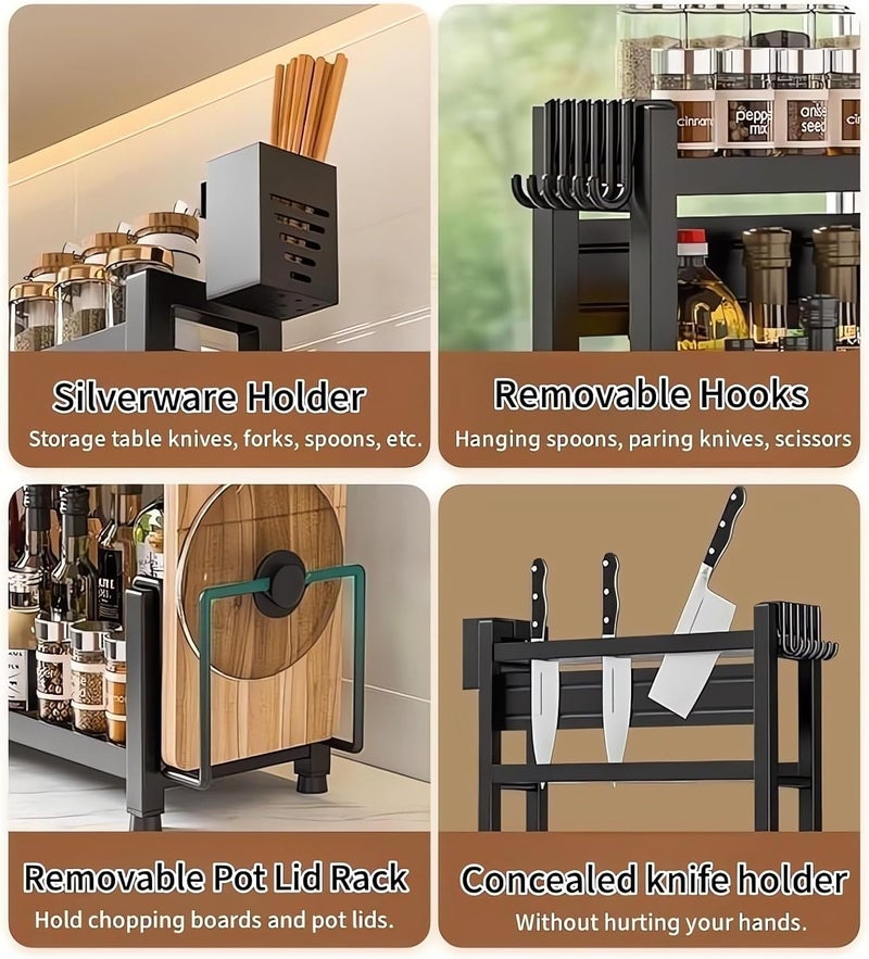 Fohome Spice Rack Organizer for Countertop, 3-Tier Standing Kitchen Spice Organrizer, Seasoning Rack with Hooks & Cutlery Storage, Multiple Uses Kitchen Countertop Organizer for Storage Spice, Cutter - Image 3