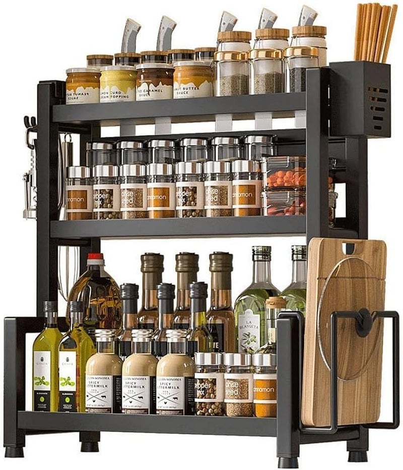 Fohome Spice Rack Organizer for Countertop, 3-Tier Standing Kitchen Spice Organrizer, Seasoning Rack with Hooks & Cutlery Storage, Multiple Uses Kitchen Countertop Organizer for Storage Spice, Cutter - Image 1
