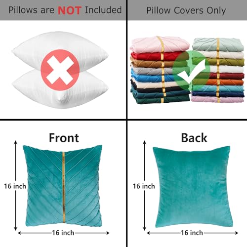 Tosleo Aqua Green Velvet Throw Pillow Covers 16x16 Pack of 2 with Gold Leather Decorative Couch Pillow Cover Luxury Modern Soft Pillowcases Spring Summer Home Decor for Sofa Bed Living Room - Image 3
