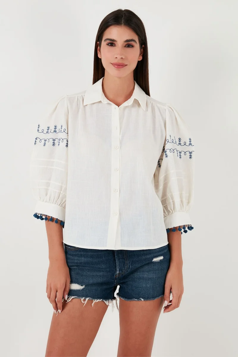 Lela Cotton Regular Fit Balloon Three Quarter Sleeve Shirt Women's Shirt 611GO0302