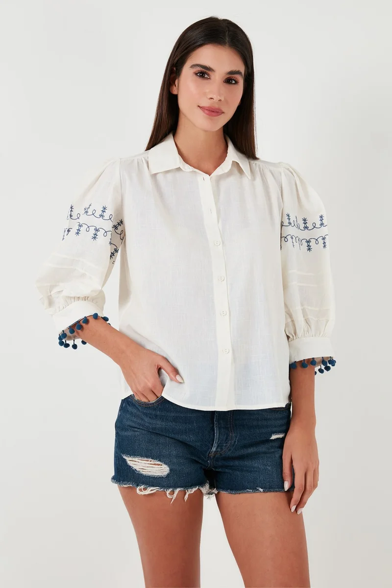 Lela Cotton Regular Fit Balloon Three Quarter Sleeve Shirt Women's Shirt 611GO0302