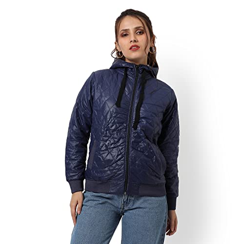Campus Sutra Women Navy Blue Puffer Regular Fit Bomber Jacket For Winter Wear | Standing Collar | Full Sleeve | Zipper | Casual Jacket For Woman & Girl | Western Stylish Jacket For Women - Image 2
