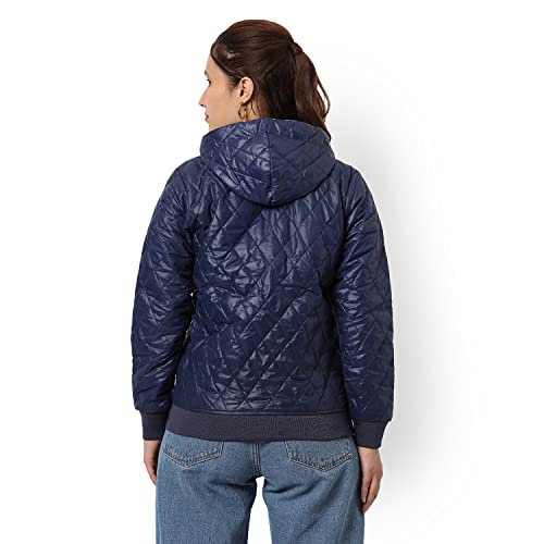 Campus Sutra Women Navy Blue Puffer Regular Fit Bomber Jacket For Winter Wear | Standing Collar | Full Sleeve | Zipper | Casual Jacket For Woman & Girl | Western Stylish Jacket For Women - Image 3