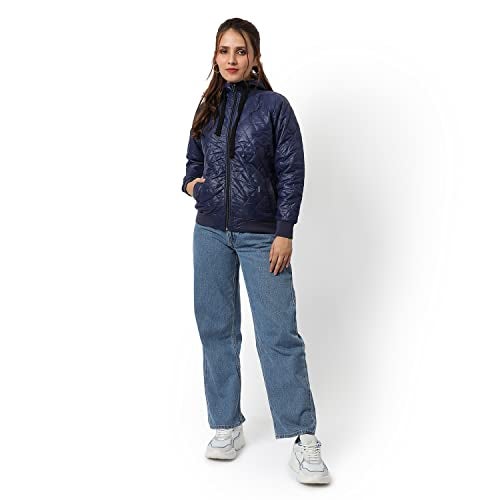 Campus Sutra Women Navy Blue Puffer Regular Fit Bomber Jacket For Winter Wear | Standing Collar | Full Sleeve | Zipper | Casual Jacket For Woman & Girl | Western Stylish Jacket For Women - Image 5