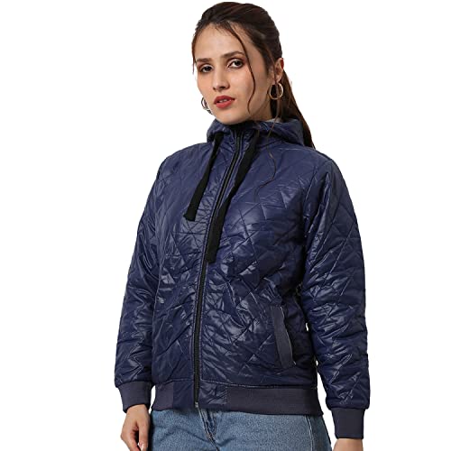 Campus Sutra Women Navy Blue Puffer Regular Fit Bomber Jacket For Winter Wear | Standing Collar | Full Sleeve | Zipper | Casual Jacket For Woman & Girl | Western Stylish Jacket For Women - Image 1