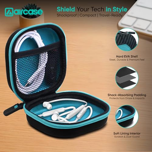 AirCase Earphone Carrying Case Cover with Shockproof EVA Hardshell & Soft Lining| Travel Organizer Pouch with Carabiner, Mesh Pocket, Zipper Closure for Earbuds, USB Drives, SD Cards, Cables (Black) - Image 2