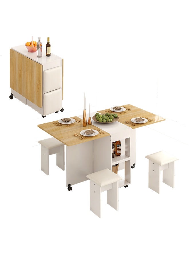 JCB CHIC Space-Saving Folding Dining Table with 4 Stools，Movable Expandable Kitchen Table with 6 Wheels and 2-Tier Shelf，Versatile Breakfast Table Bar Table for Kitchen, Living Room(120×60×77CM） - Image 1