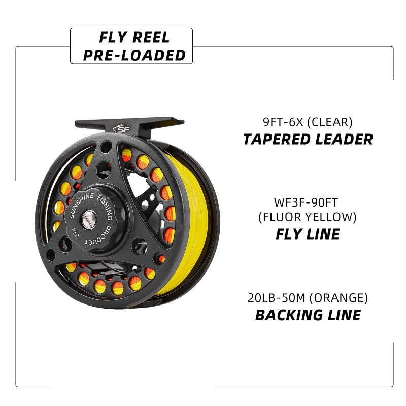 SF Large Arbor Fly Fishing Reel - 3/4wt Aluminum Alloy Body Die-Cast Matt Black Pre-Loaded Reel with Line Combo Fluorescent Yellow Line - Image 2
