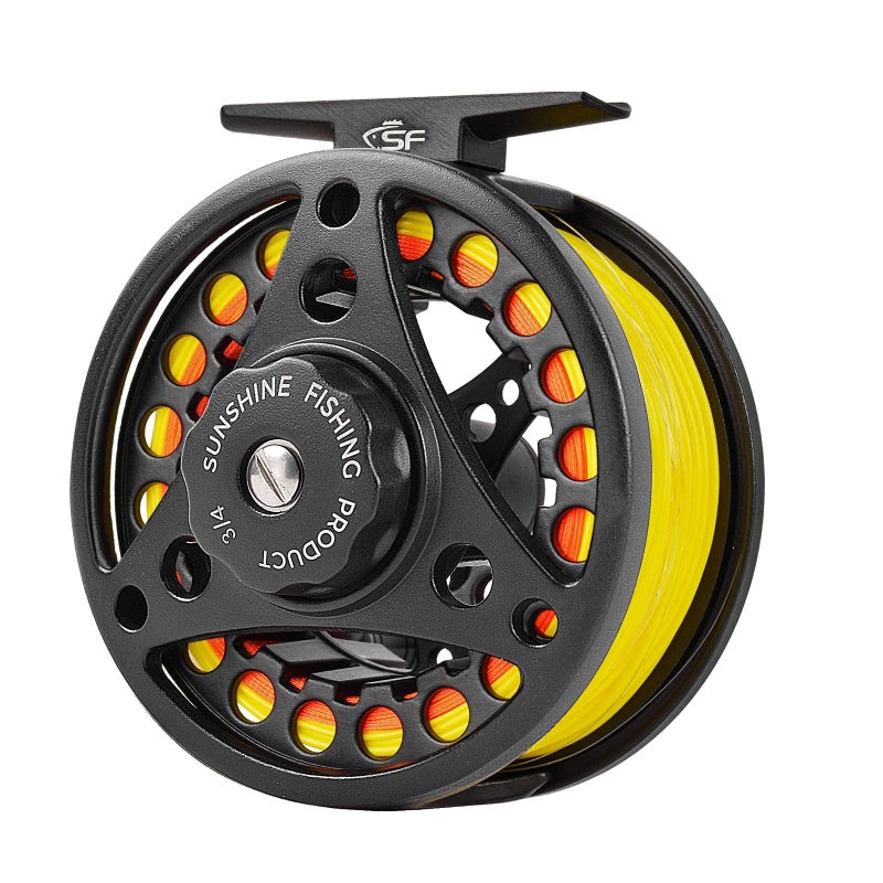 SF Large Arbor Fly Fishing Reel - 3/4wt Aluminum Alloy Body Die-Cast Matt Black Pre-Loaded Reel with Line Combo Fluorescent Yellow Line - Image 1