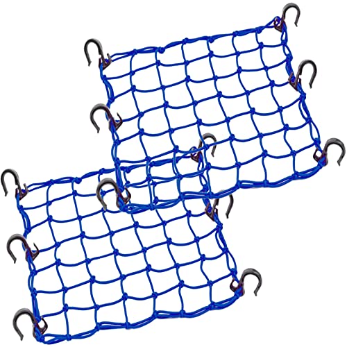 Zuozee ZUOZE Small Cargo Net 15"x15" Stretches to 30"x30" with Thicken Hooks | Natural Latex Core, Tight 2”x2” Mesh Heavy Duty Bungee Net for Motorcycle Helmet, Bike, ATV, UTV, Luggage (Blue, 2 Pack) - Image 1