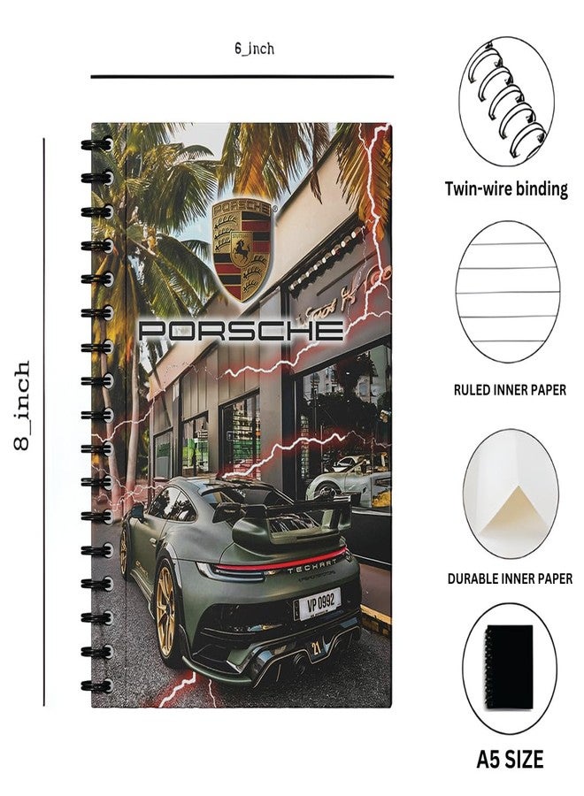 zenithink Porsche Sports Car Wiro Journal Notebook | 80 gsm Paper With 350GSM Hard Cover | Single Ruled | Pages - 160 | A5 Size | Wiro Binding | Versatile for School, Home & Office | - Image 5