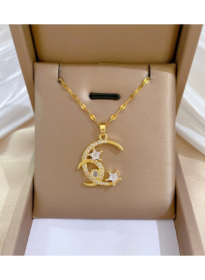 Sparkle Accessories Golden Crescent Moon and Stars Pendant Necklace - Gold Tone, Titanium Steel Chain, Rhinestone Embellished Charm, Delicate and Intricate Design, Romantic and Cosmic Style, Ideal for Evening Wear, Special Events, or Gifting, Exquisite Fashion Jewelry for Women - Image 1