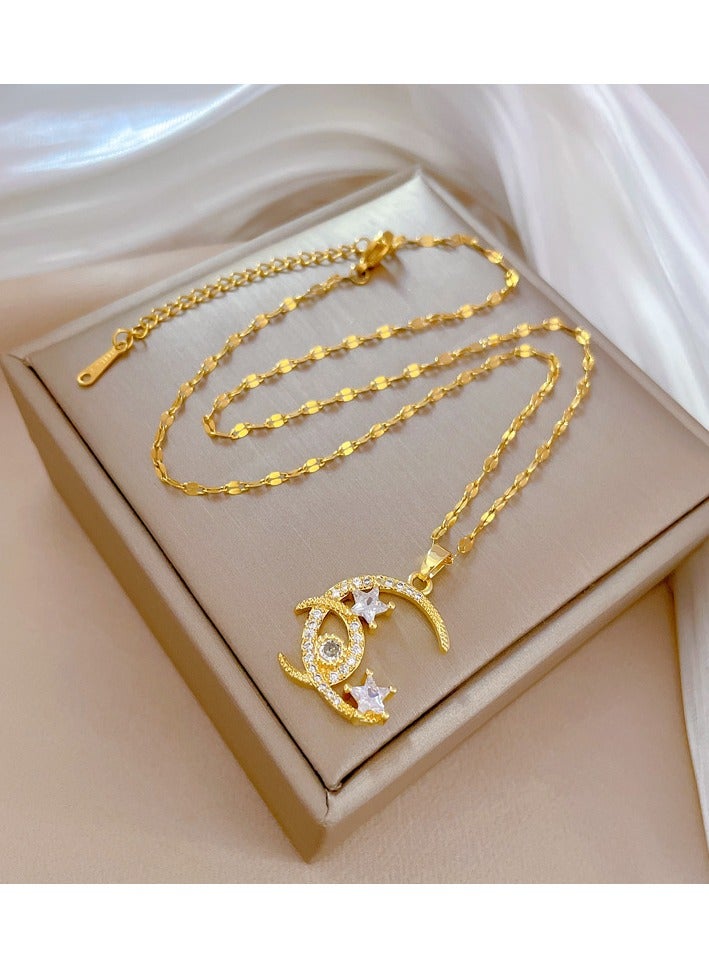 Sparkle Accessories Golden Crescent Moon and Stars Pendant Necklace - Gold Tone, Titanium Steel Chain, Rhinestone Embellished Charm, Delicate and Intricate Design, Romantic and Cosmic Style, Ideal for Evening Wear, Special Events, or Gifting, Exquisite Fashion Jewelry for Women - Image 2