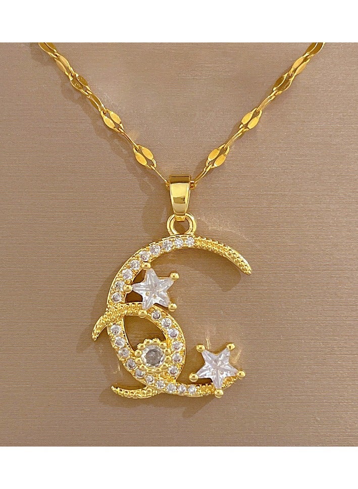 Sparkle Accessories Golden Crescent Moon and Stars Pendant Necklace - Gold Tone, Titanium Steel Chain, Rhinestone Embellished Charm, Delicate and Intricate Design, Romantic and Cosmic Style, Ideal for Evening Wear, Special Events, or Gifting, Exquisite Fashion Jewelry for Women - Image 3