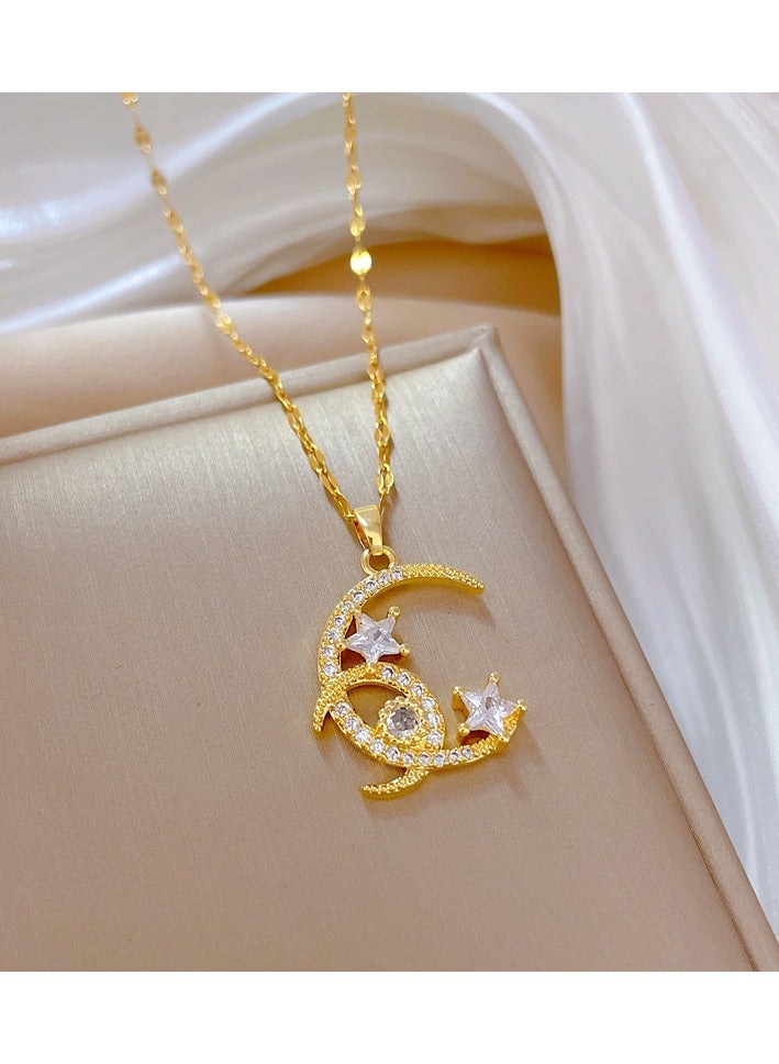 Sparkle Accessories Golden Crescent Moon and Stars Pendant Necklace - Gold Tone, Titanium Steel Chain, Rhinestone Embellished Charm, Delicate and Intricate Design, Romantic and Cosmic Style, Ideal for Evening Wear, Special Events, or Gifting, Exquisite Fashion Jewelry for Women - Image 4