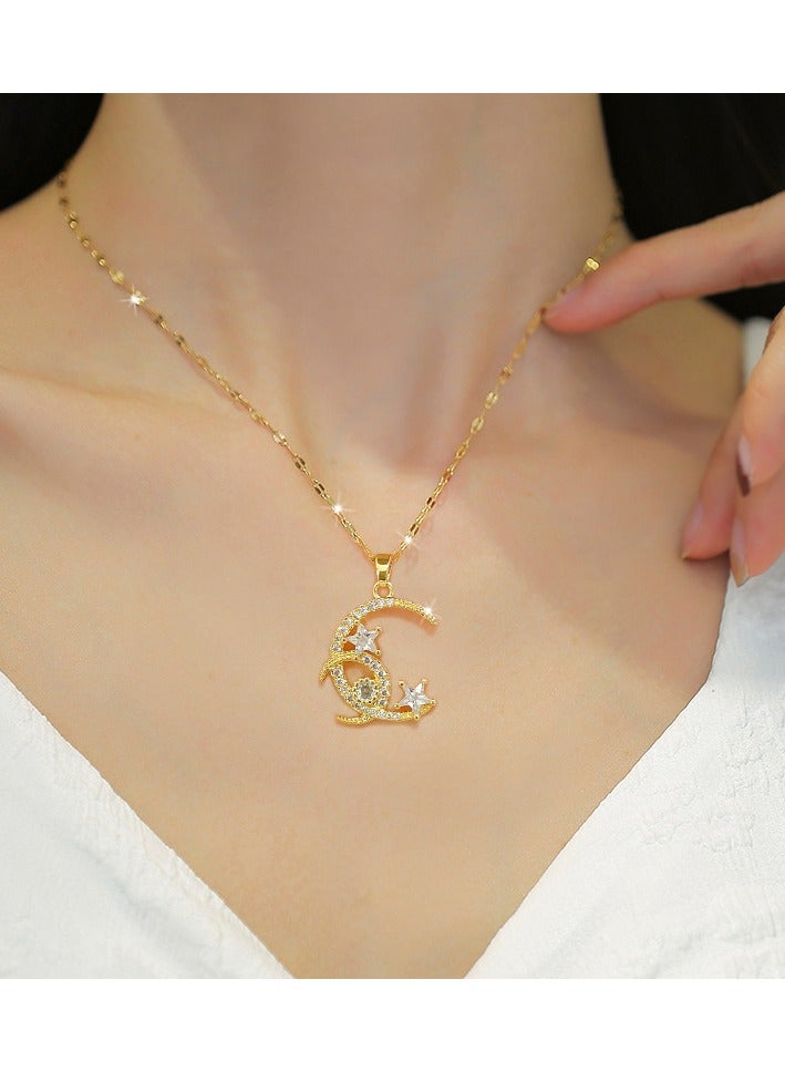 Sparkle Accessories Golden Crescent Moon and Stars Pendant Necklace - Gold Tone, Titanium Steel Chain, Rhinestone Embellished Charm, Delicate and Intricate Design, Romantic and Cosmic Style, Ideal for Evening Wear, Special Events, or Gifting, Exquisite Fashion Jewelry for Women - Image 5