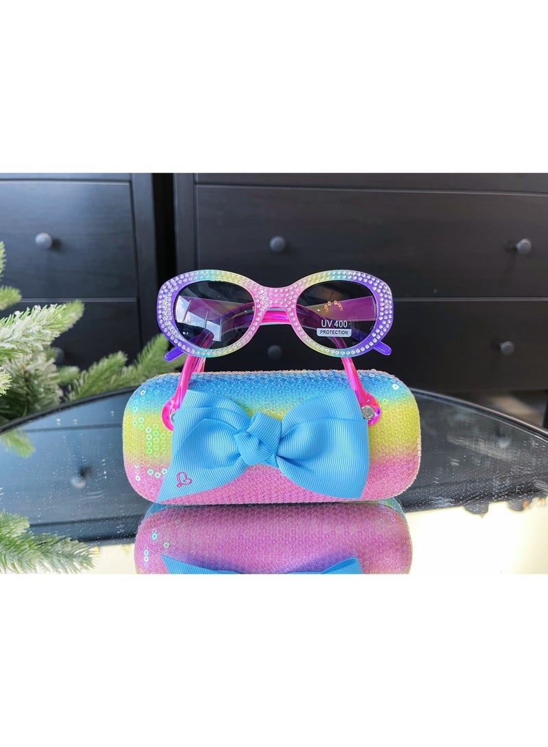 Five dream house Kids UV400 Protection with Light Weight Eyewear, 3D Rhinestone Rainbow Bow Kids Sunglasses Set, Glitter Gradient Portable Hard Protective Case - Image 2