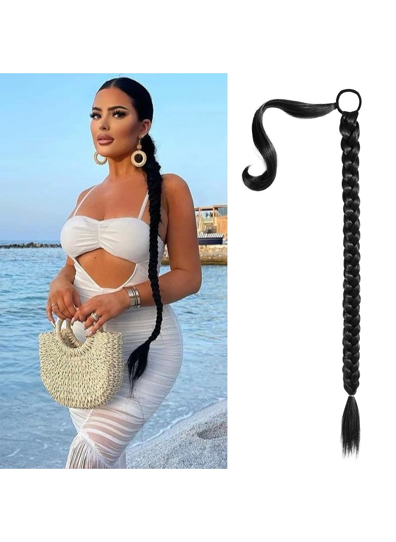 SEIKEA SEIKEA Upgraded Long Braid Ponytail Extension with Elastic Tie Straight Sleek Wrap Around Braid Hair Extensions Ponytail Natural Soft Synthetic Hairpiece Black 34 Inch After Braided 30 Inch 