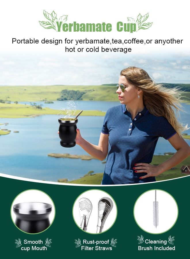 هومار كيت كوب شاي Yerba Mate ، كوب عازل منزلي مزدوج الجدار سهل الغسل من الفولاذ المقاوم للصدأ ، قرع ماتي لشرب أوراق الشجر السائبة من Yerba Mate مع مصاصة Bombilla ، أسود 230 مل  - Image 2