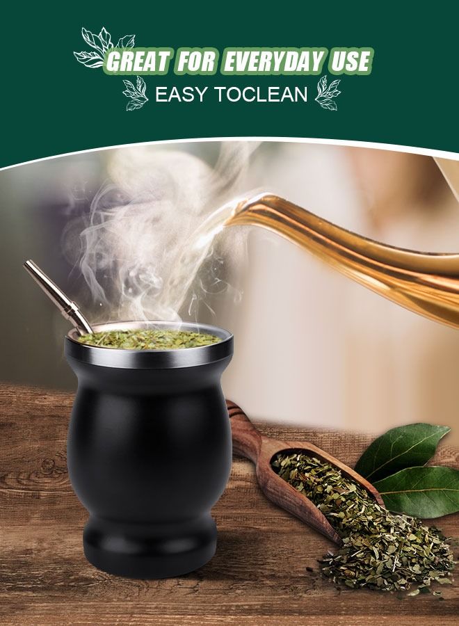 هومار كيت كوب شاي Yerba Mate ، كوب عازل منزلي مزدوج الجدار سهل الغسل من الفولاذ المقاوم للصدأ ، قرع ماتي لشرب أوراق الشجر السائبة من Yerba Mate مع مصاصة Bombilla ، أسود 230 مل  - Image 3
