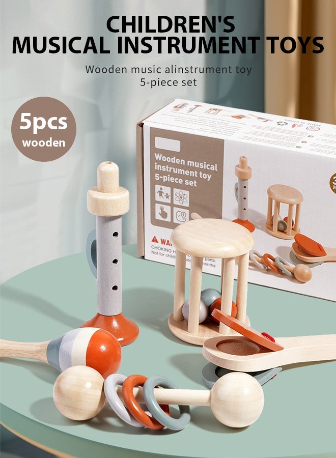 5 PCS Musical Toy Baby Musical ,Musical instrument toys,Musical Sound Instrument Non-Toxic Early Sounding Educational Toy For Kids,Wooden toysWooden rattle playset Baby hand grasping bell Early education musical instrument set Soothe the mood Educational toys for early education  - Image 1