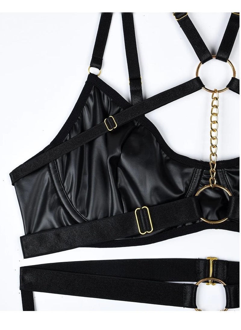 Generic - Women's Lingerie Set Leather with Metal Chain Embellishments - Image 1