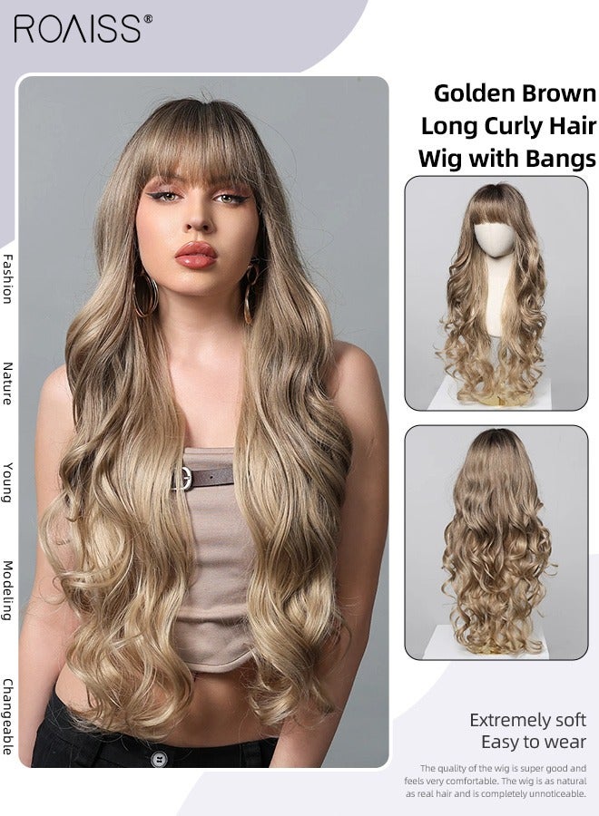 roaiss Golden Brown Long Curly Hair Wig with Bangs, Women's Natural Soft Synthetic Heat Resistant Hair Wig with bangs for Wedding Cosplay Party Daily Wear, 76cm (30 inches) - Image 1