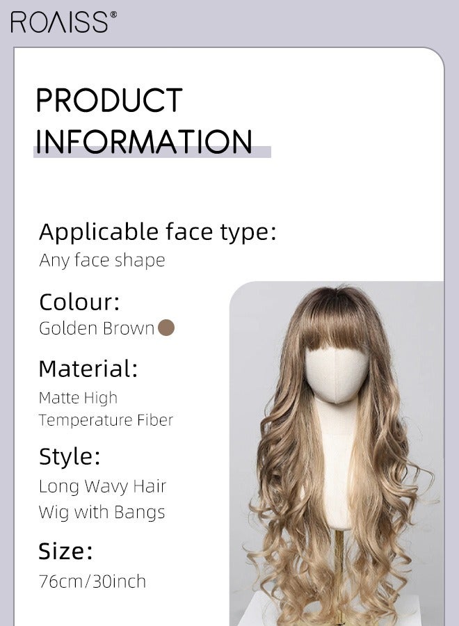 roaiss Golden Brown Long Curly Hair Wig with Bangs, Women's Natural Soft Synthetic Heat Resistant Hair Wig with bangs for Wedding Cosplay Party Daily Wear, 76cm (30 inches) - Image 2