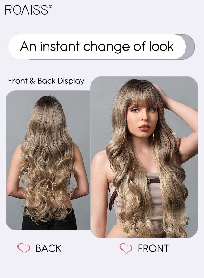 roaiss Golden Brown Long Curly Hair Wig with Bangs, Women's Natural Soft Synthetic Heat Resistant Hair Wig with bangs for Wedding Cosplay Party Daily Wear, 76cm (30 inches) - Image 3
