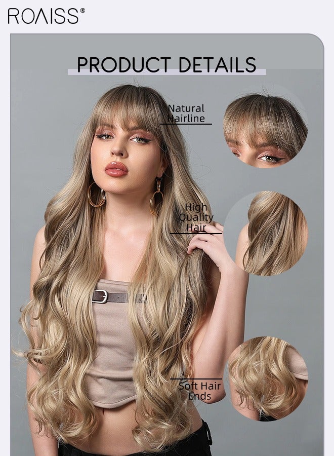 roaiss Golden Brown Long Curly Hair Wig with Bangs, Women's Natural Soft Synthetic Heat Resistant Hair Wig with bangs for Wedding Cosplay Party Daily Wear, 76cm (30 inches) - Image 4