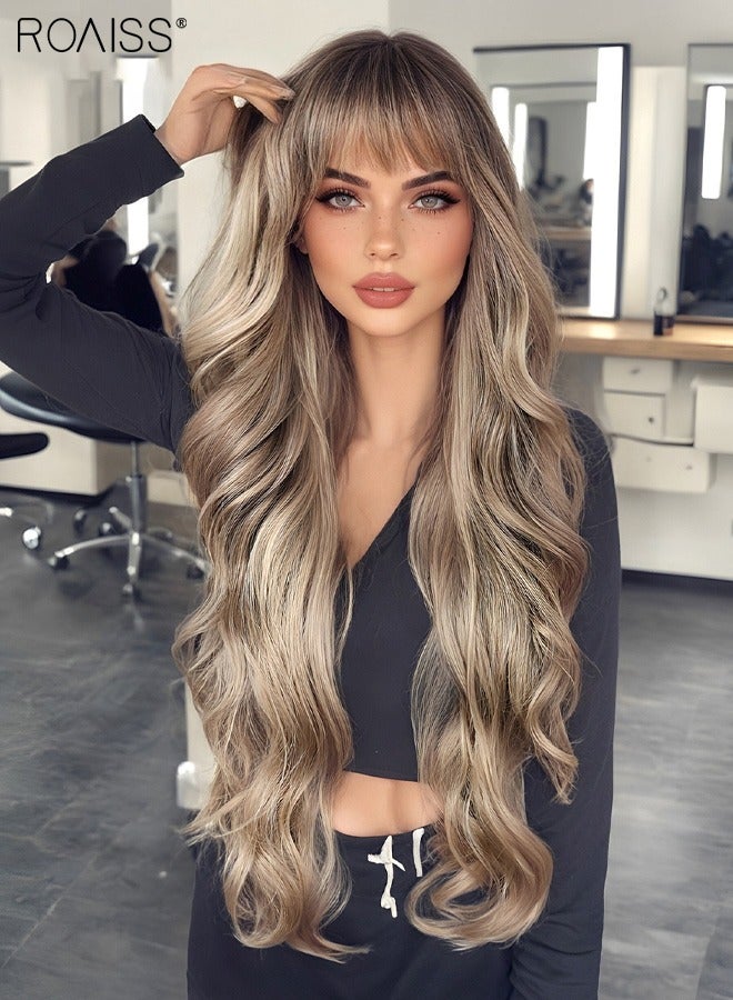 roaiss Golden Brown Long Curly Hair Wig with Bangs, Women's Natural Soft Synthetic Heat Resistant Hair Wig with bangs for Wedding Cosplay Party Daily Wear, 76cm (30 inches) - Image 5