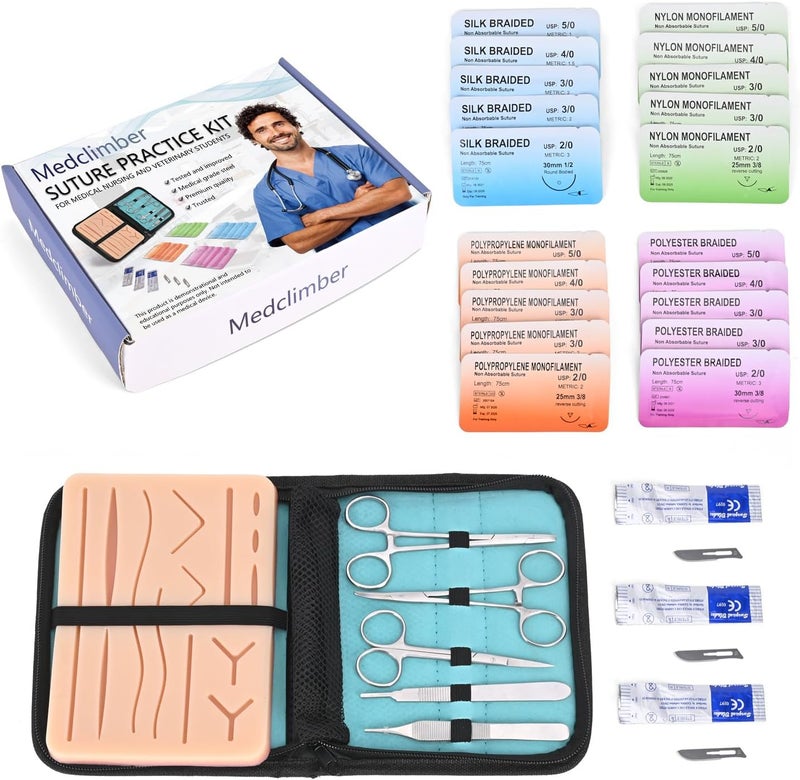 medclimber Suture Practice Kit for Medical Students | Complete Kit (30 Pieces) Include Durable Suturing Pad with Pre-Cut Wounds, Tools Kit and Suture Threads | Perfect for Practice, Demonstration - Image 1