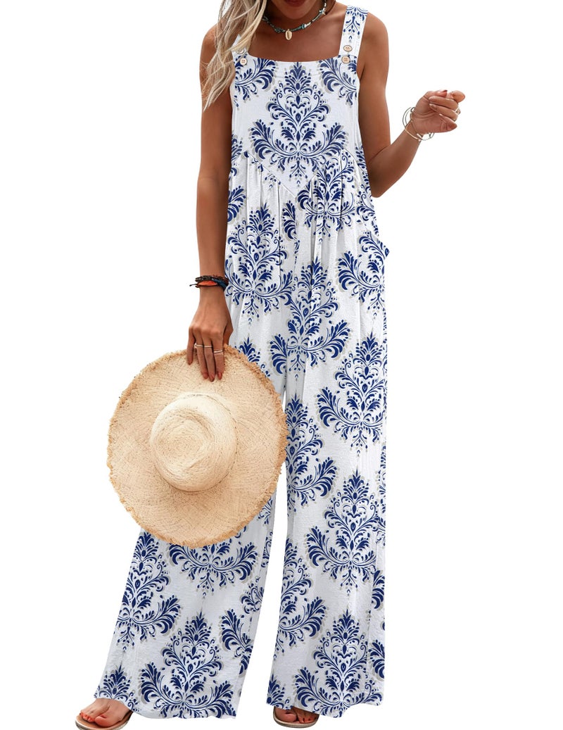 Ekouaer Women's Casual Overalls Loose Wide Leg Jumpsuits Summer Boho Floral Printed Baggy Rompers with Pockets White Italian Print S - Image 1
