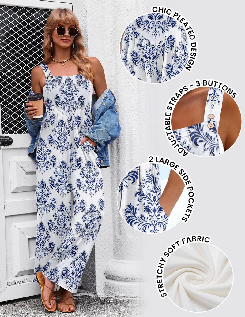 Ekouaer Women's Casual Overalls Loose Wide Leg Jumpsuits Summer Boho Floral Printed Baggy Rompers with Pockets White Italian Print S - Image 5