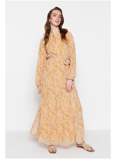 Floral Pattern Belted High Neck Lined Chiffon Woven Dress TCTSS21EL3346