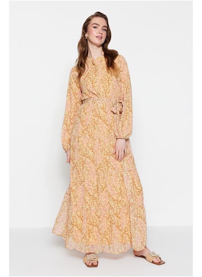 trendyol - Floral Pattern Belted High Neck Lined Chiffon Woven Dress TCTSS21EL3346 - Image 1
