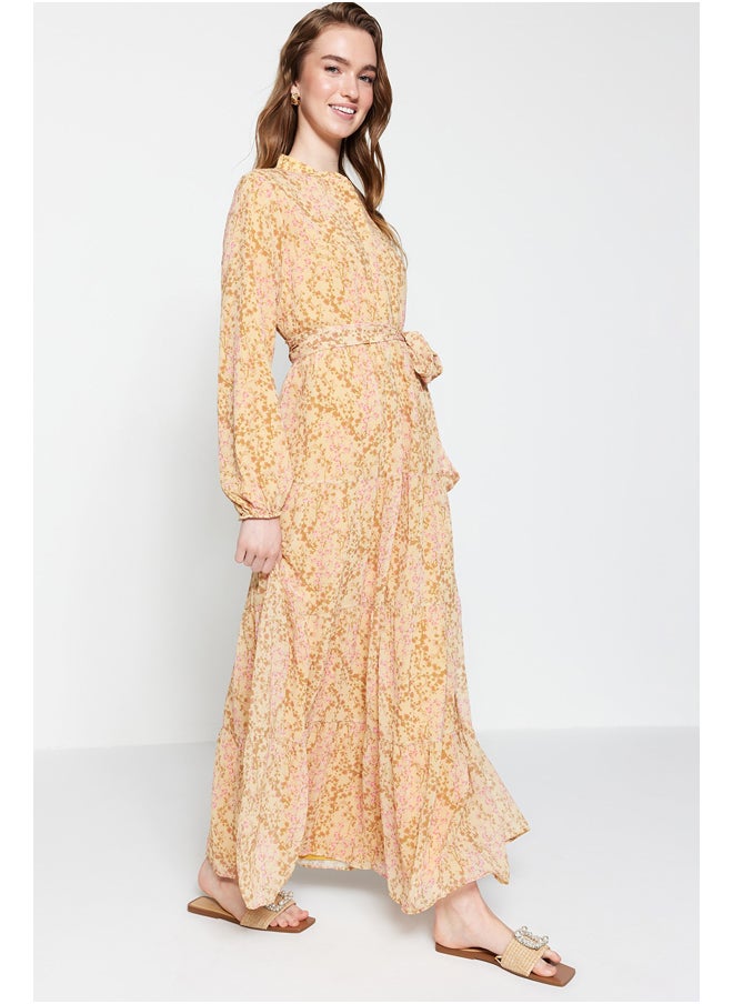 trendyol - Floral Pattern Belted High Neck Lined Chiffon Woven Dress TCTSS21EL3346 - Image 1