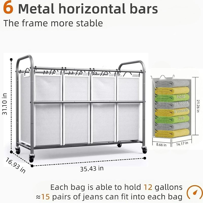 ROMOON 4 Bag Laundry Sorter Cart, Laundry Hamper Sorter with Heavy Duty Rolling Wheels for Clothes Storage, Grey - Image 5