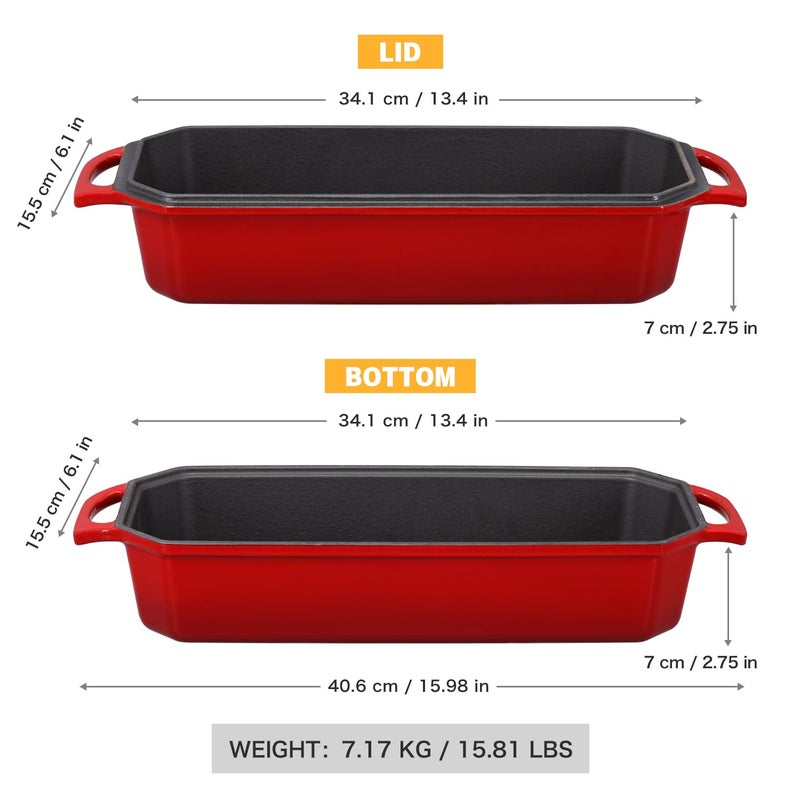 Flavehc Bread Pan Cast Iron Loaf Pan with Lid Bread Loaf Pan 13x5 Inch Enameled Cast Iron Sourdough Bread Pan,Red - Image 3
