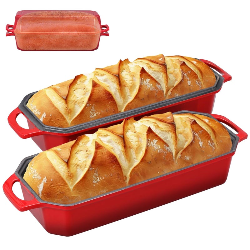 Flavehc Bread Pan Cast Iron Loaf Pan with Lid Bread Loaf Pan 13x5 Inch Enameled Cast Iron Sourdough Bread Pan,Red - Image 1