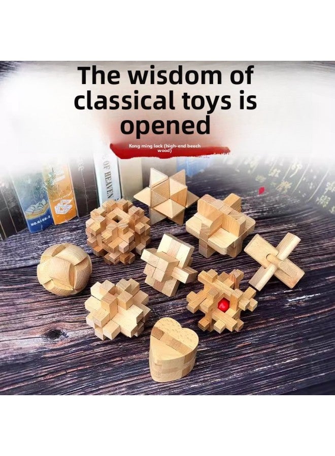 Direct Supply Luban Lock Children's Wooden Toys Beech Kongming Lock Adult Educational Dismantling Lock Mortise And Tenon-Color:Beech 9-piece Set A (without Packing - Image 2