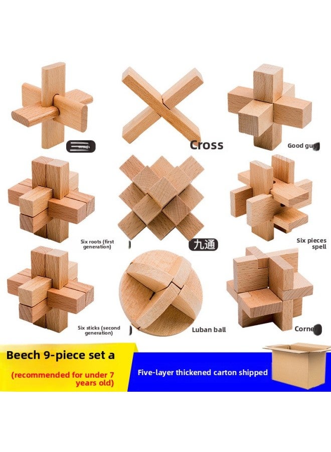 Direct Supply Luban Lock Children's Wooden Toys Beech Kongming Lock Adult Educational Dismantling Lock Mortise And Tenon-Color:Beech 9-piece Set A (without Packing - Image 1